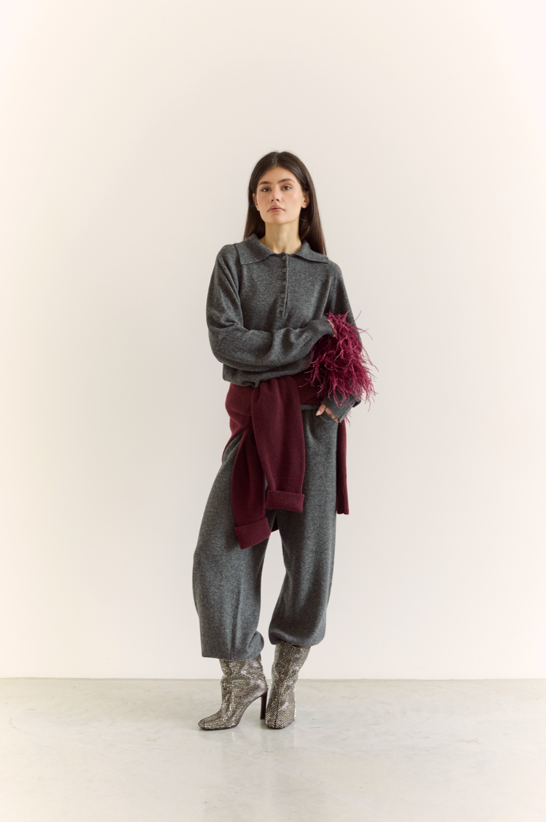 Джемпер поло з вовни ягня, графітовий