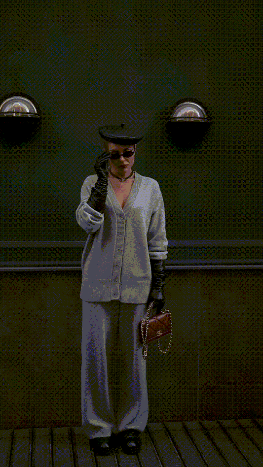 Комплект з вовни ягня кардиган на ґудзиках і брюки, сірий меланж    29104389