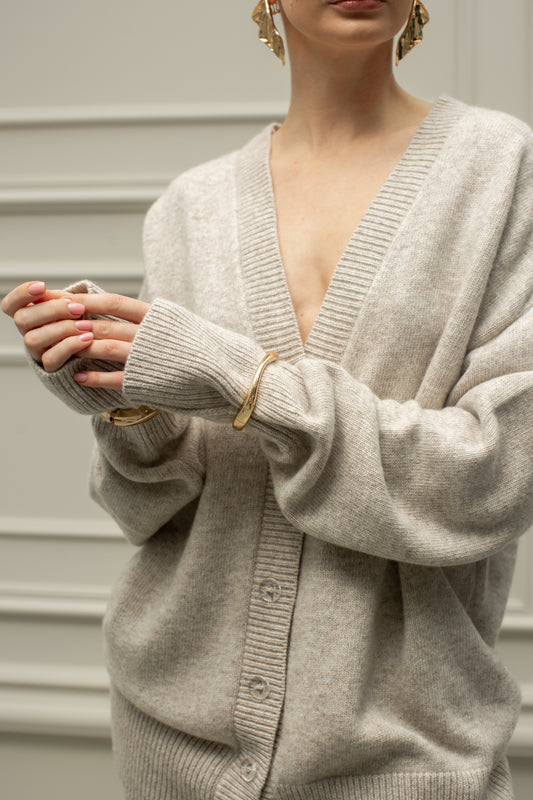 Комплект з вовни ягня кардиган на ґудзиках і брюки, світло-бежевий меланж    66821415