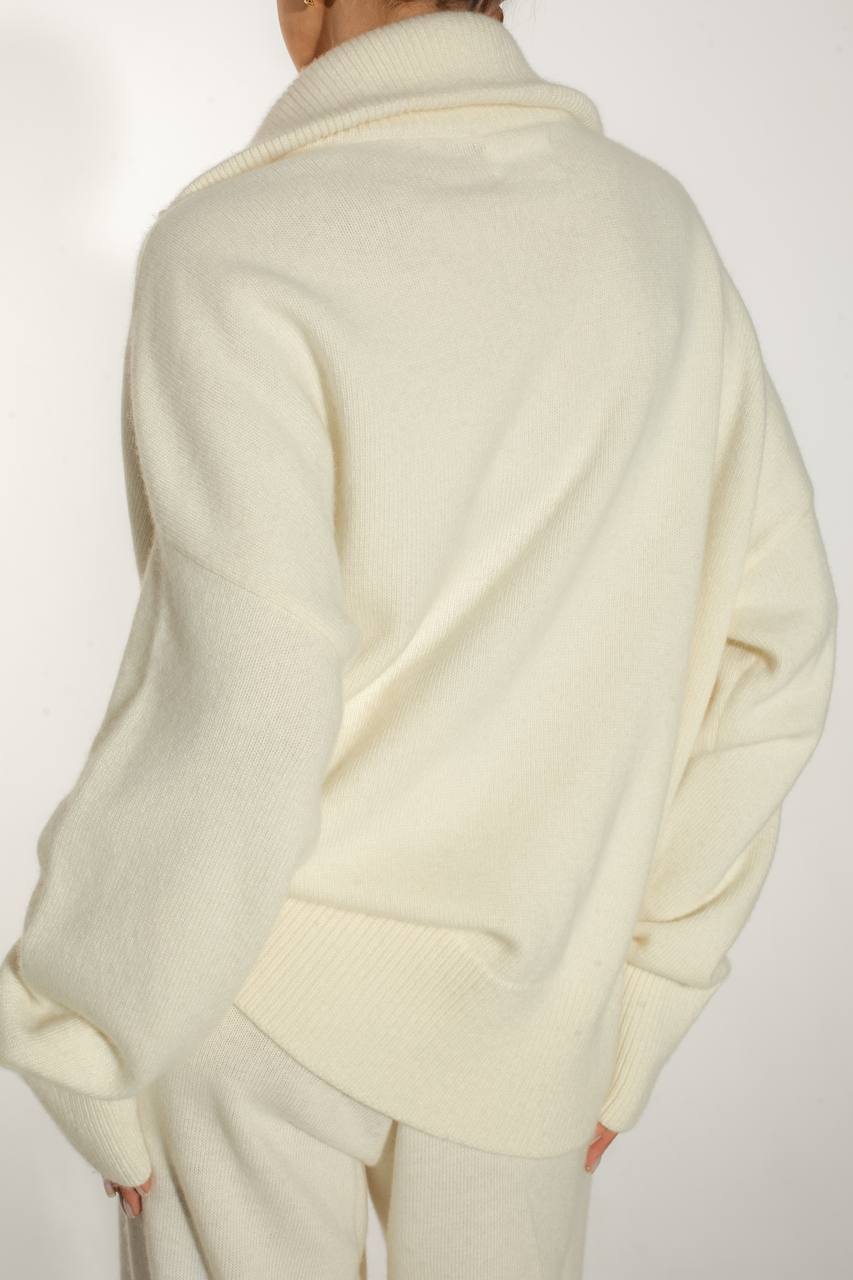 Комплект з вовни ягня кардиган на блискавці і брюки, молочний    89740926