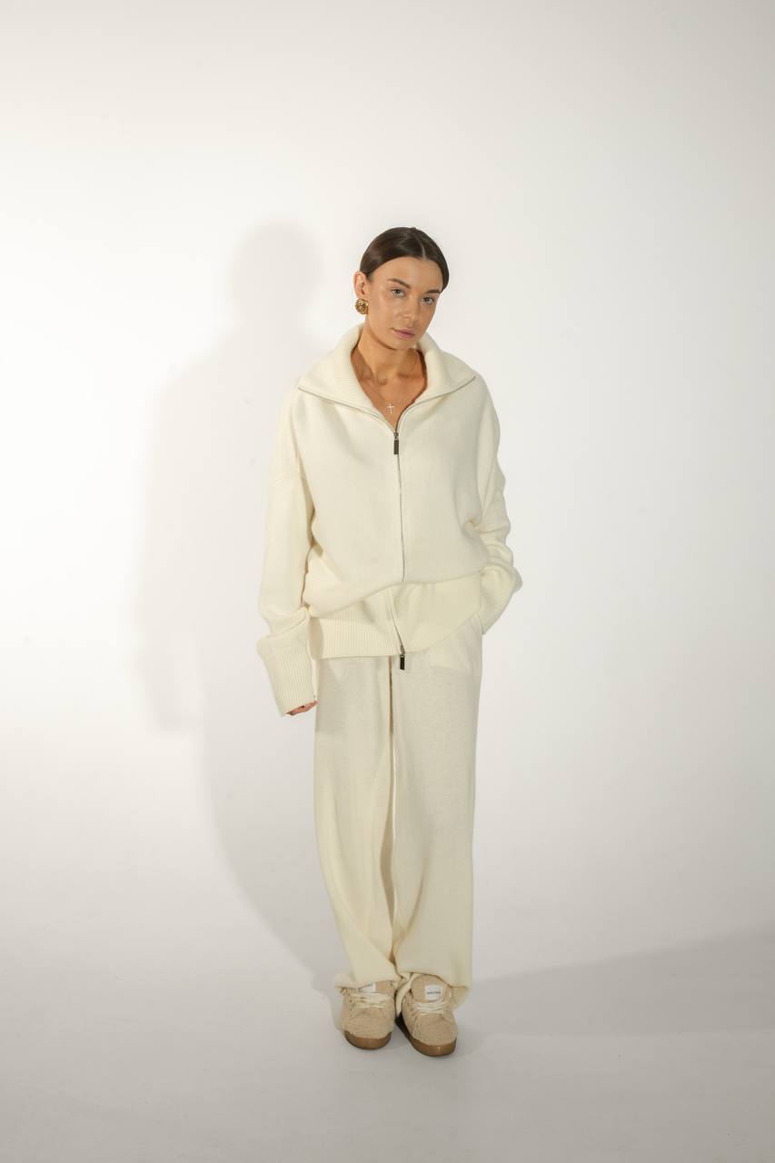 Комплект з вовни ягня кардиган на блискавці і брюки, молочний    11924112