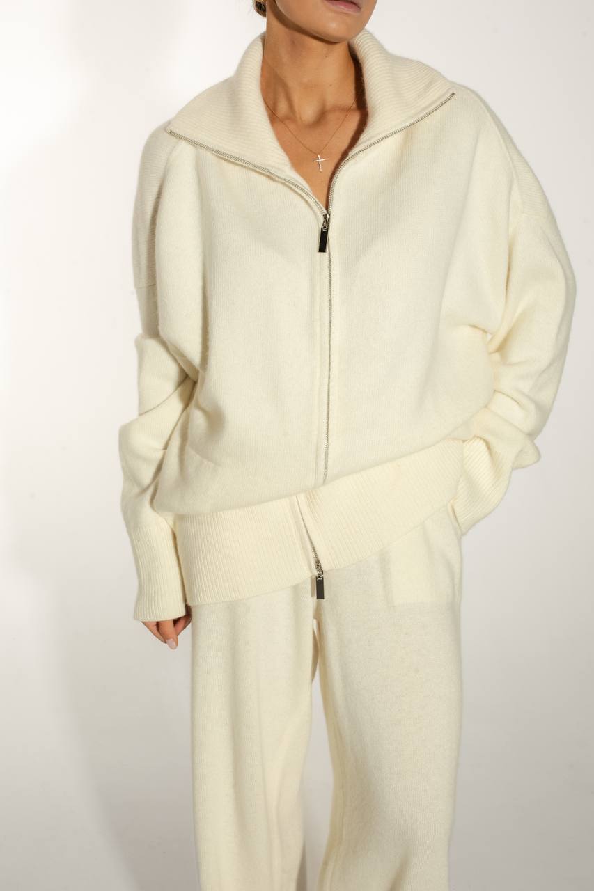 Комплект з вовни ягня кардиган на блискавці і брюки, молочний    40081864