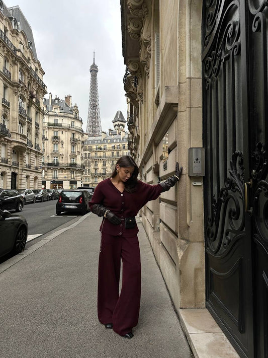 Комплект з вовни ягня кардиган на ґудзиках і брюки, бургунді    65556634