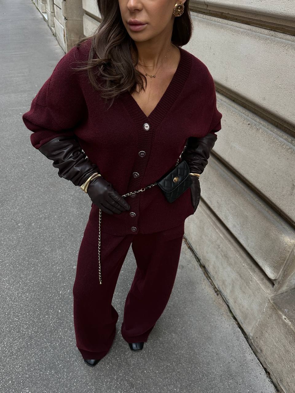 Комплект з вовни ягня кардиган на ґудзиках і брюки, бургунді    26091816