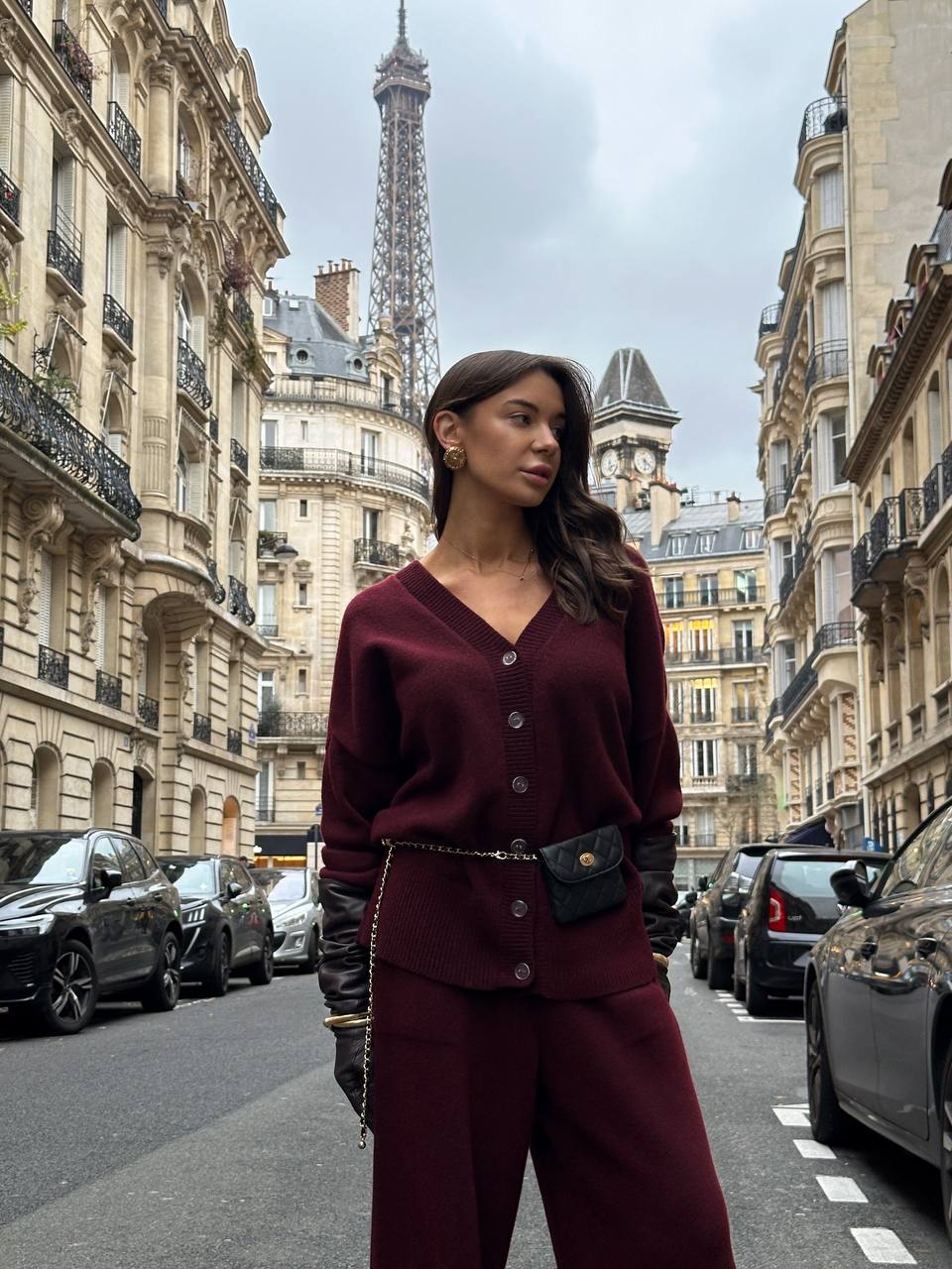 Комплект з вовни ягня кардиган на ґудзиках і брюки, бургунді    15170670