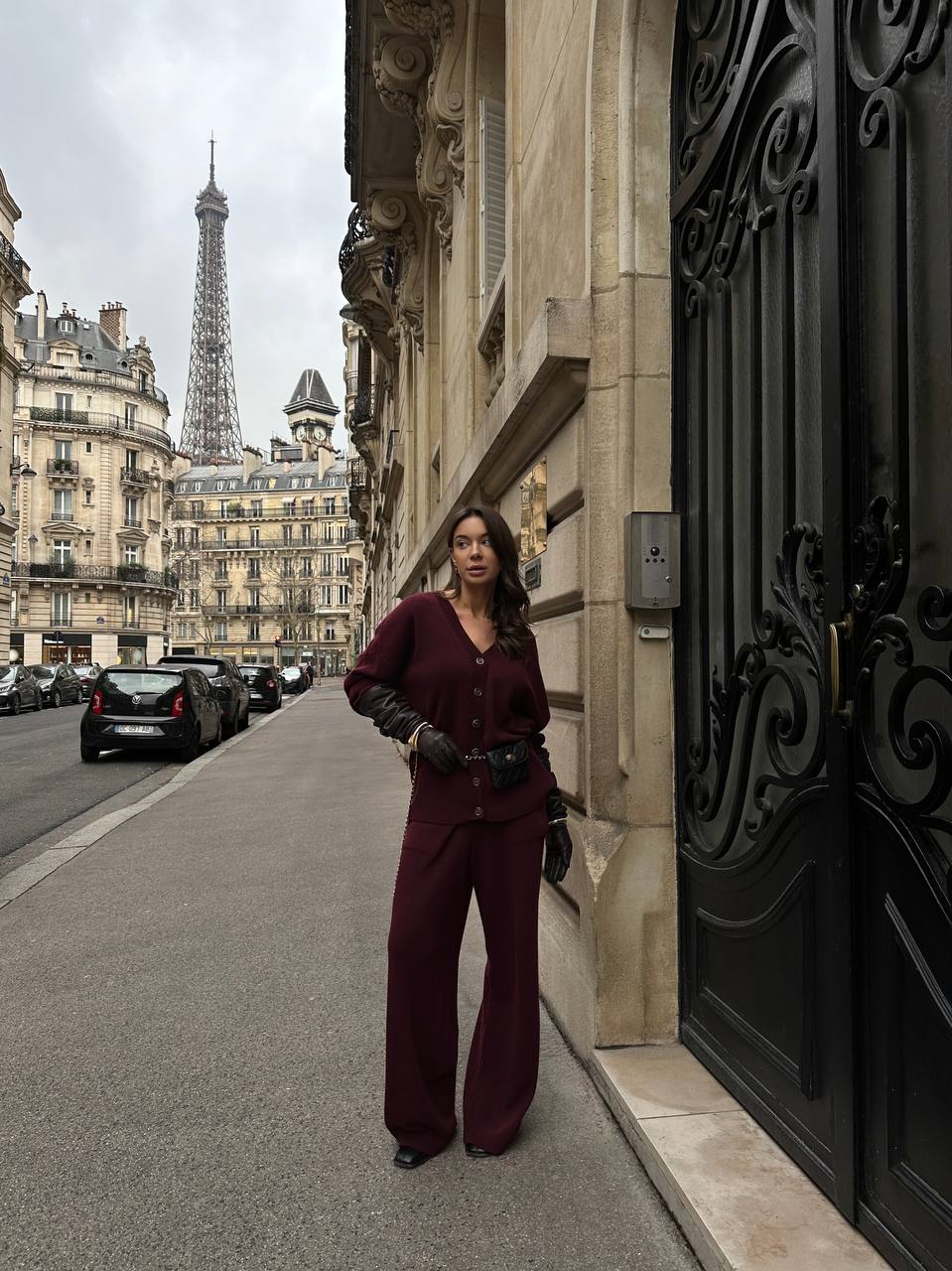 Комплект з вовни ягня кардиган на ґудзиках і брюки, бургунді    15012993