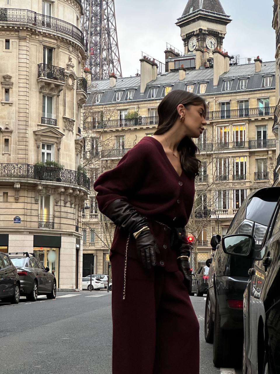 Комплект з вовни ягня кардиган на ґудзиках і брюки, бургунді    83357678