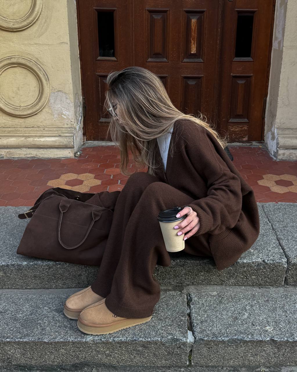 Комплект з вовни ягня кардиган на ґудзиках і брюки, шоколадний 80187391