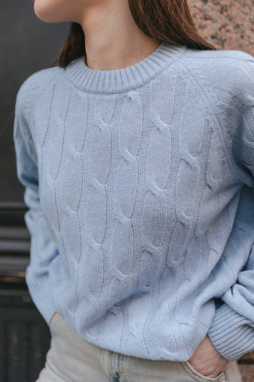 Светр з вовни ягня з косами, блакитний    54453179