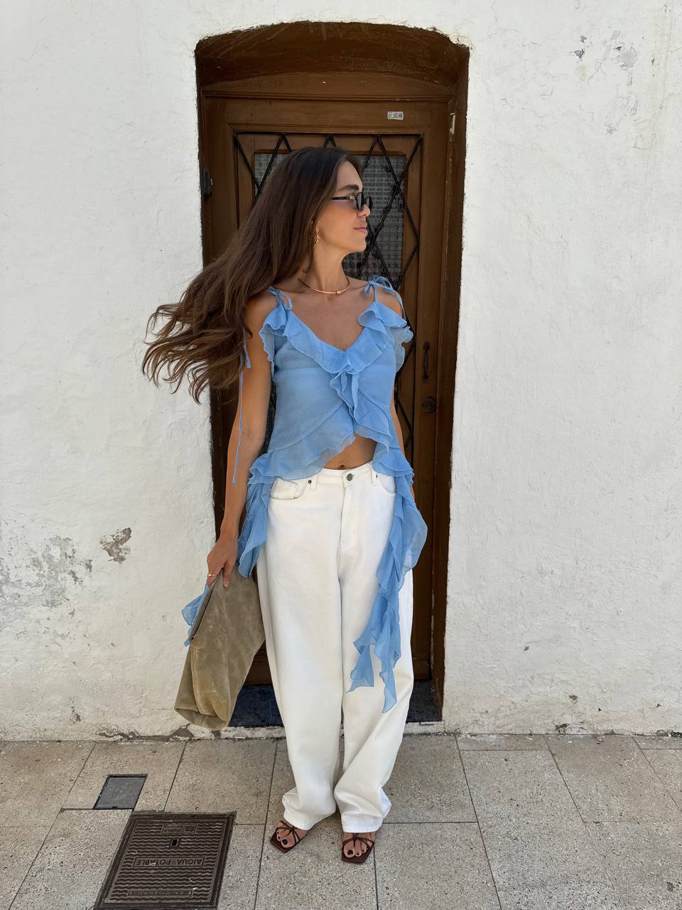 Топ з шифону з рюшами і воланами, блакитний    36315277