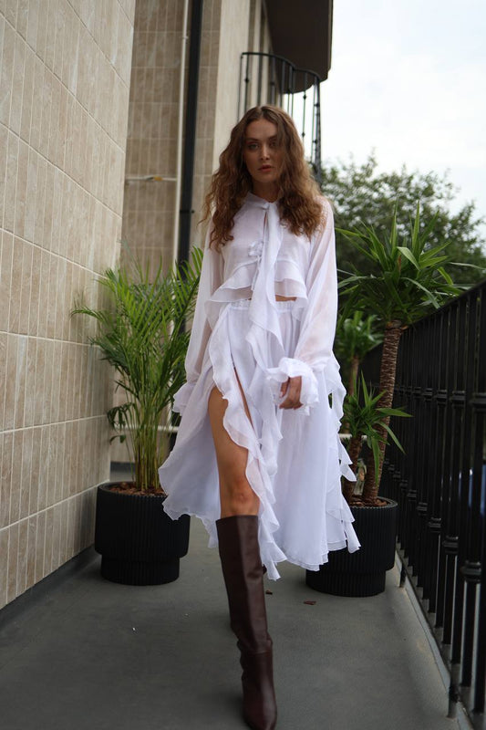 Блуза з шифону з рюшами і воланами біла    11987080