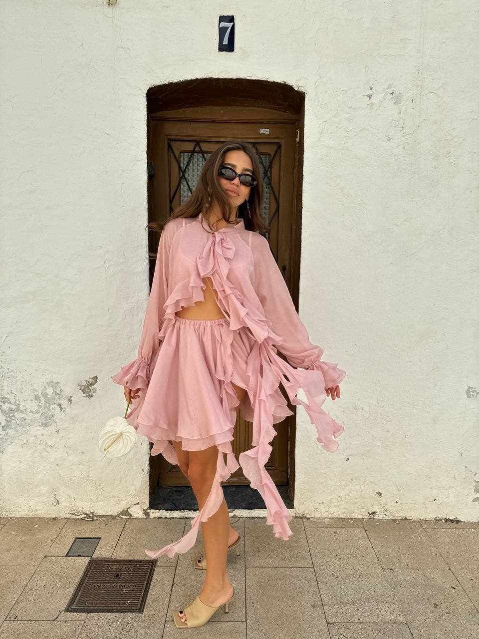 Блуза з шифону з рюшами і воланами ніжно - рожева    92011114