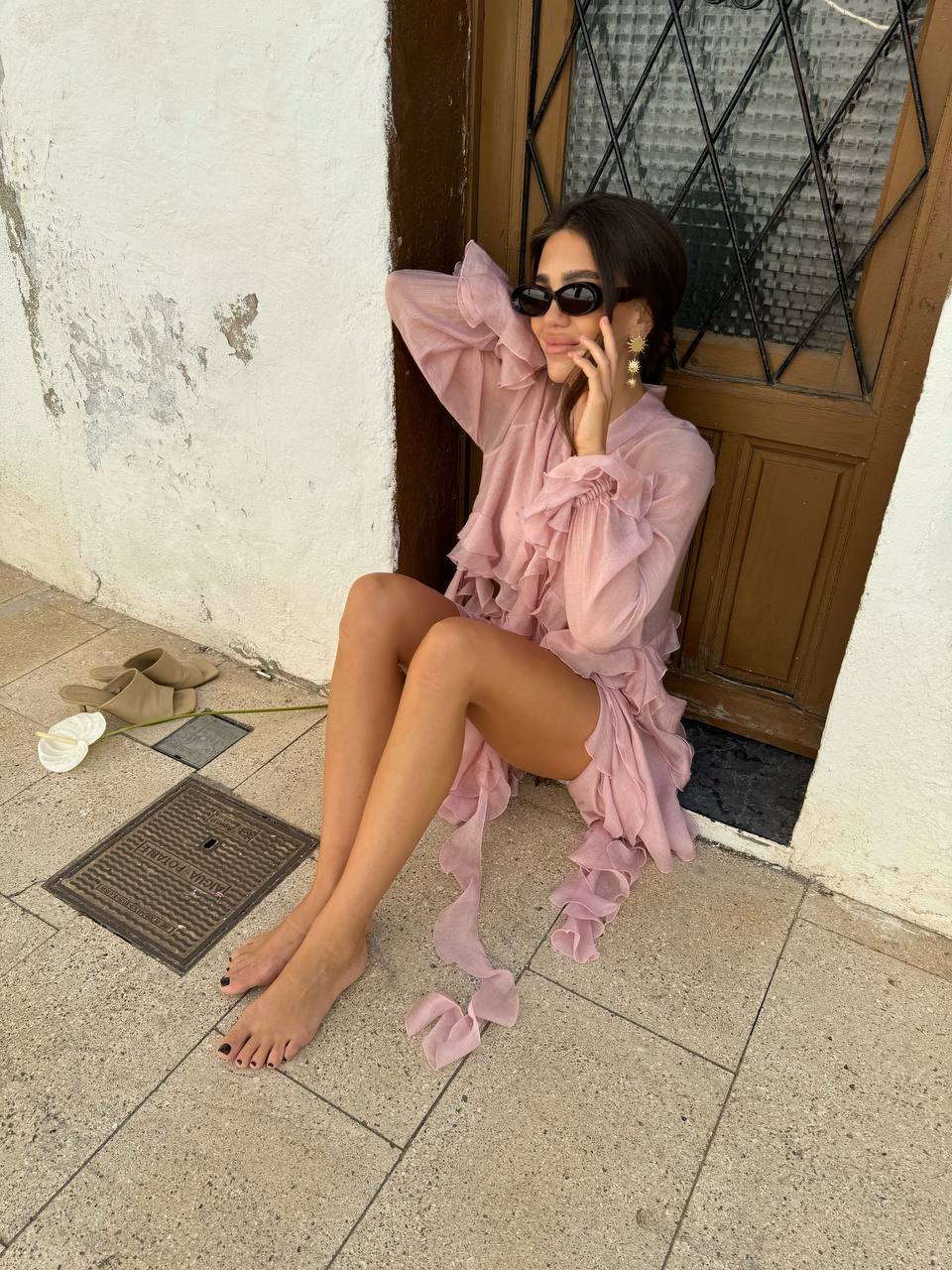 Блуза з шифону з рюшами і воланами ніжно - рожева    90534563