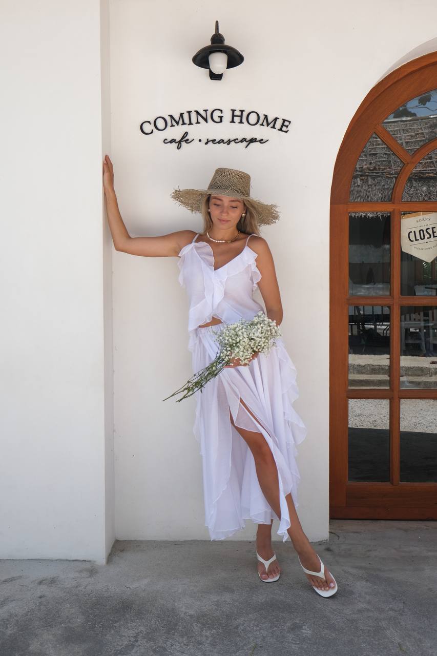 Топ з шифону з рюшами і воланами, білий    79124497