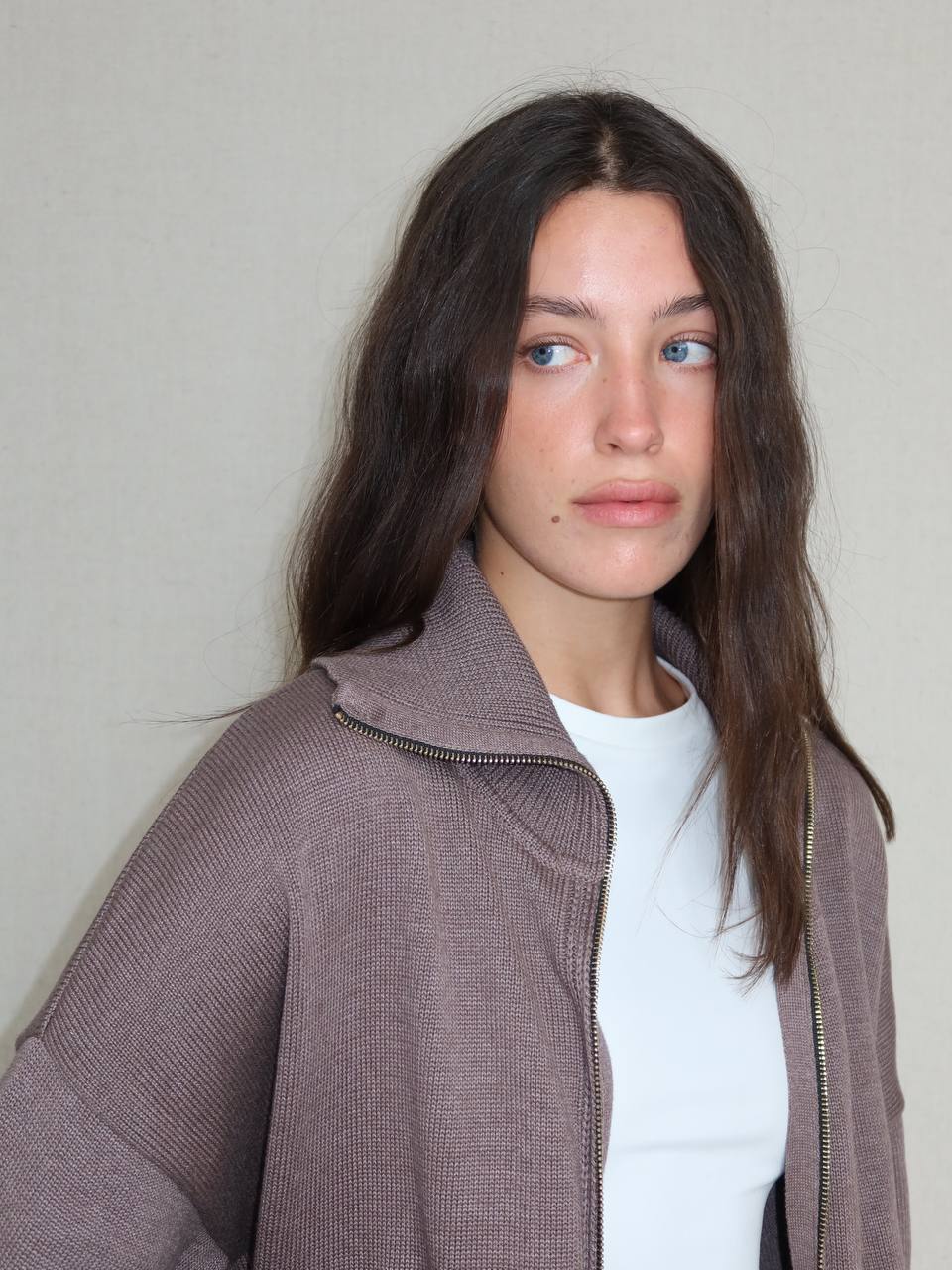 Комплект з бавовни кардиган на блискавці і брюки, мокко    26774272