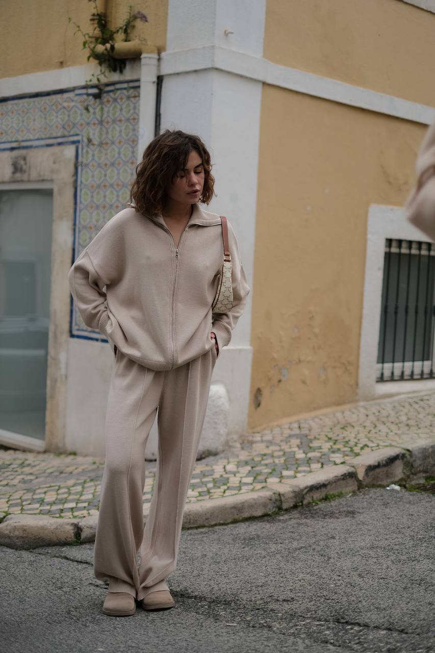 Комплект з бавовни кардиган на блискавці і брюки, світло-бежевий    20175873