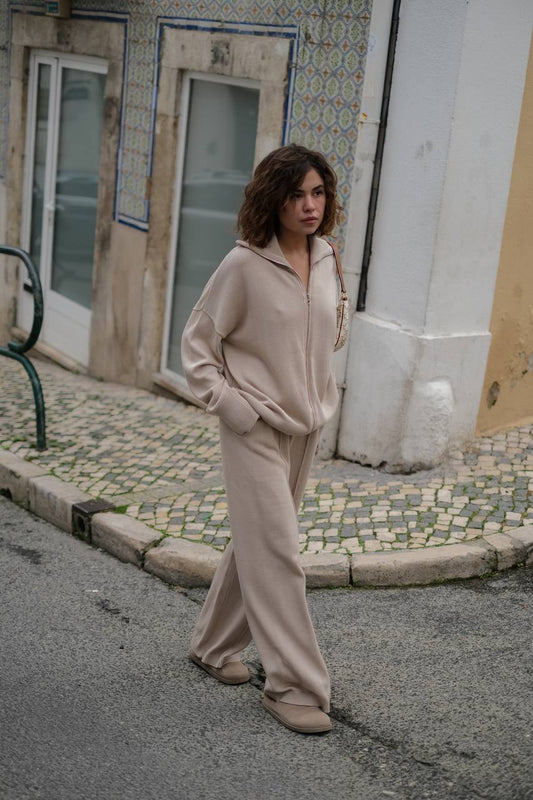 Комплект з бавовни кардиган на блискавці і брюки, світло-бежевий    18270286