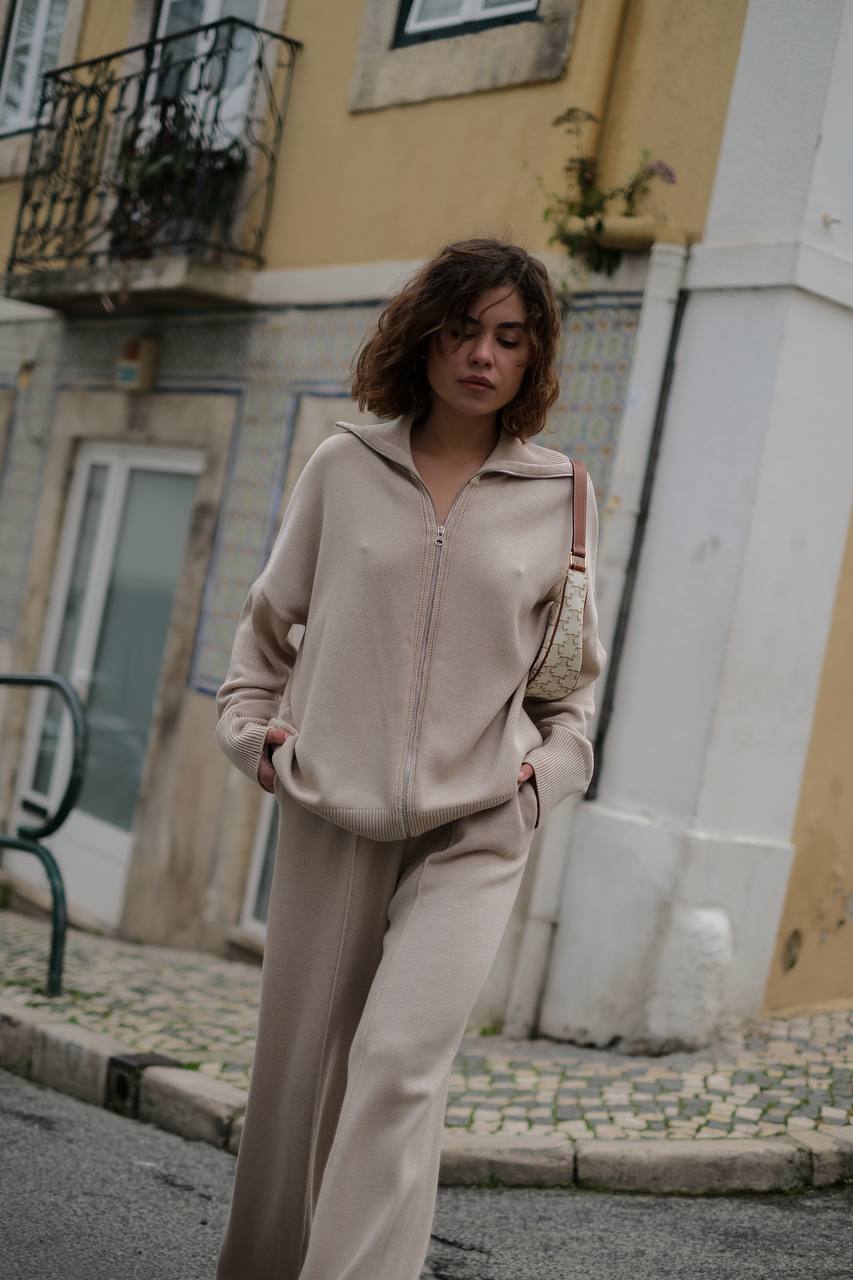 Комплект з бавовни кардиган на блискавці і брюки, світло-бежевий    64512240