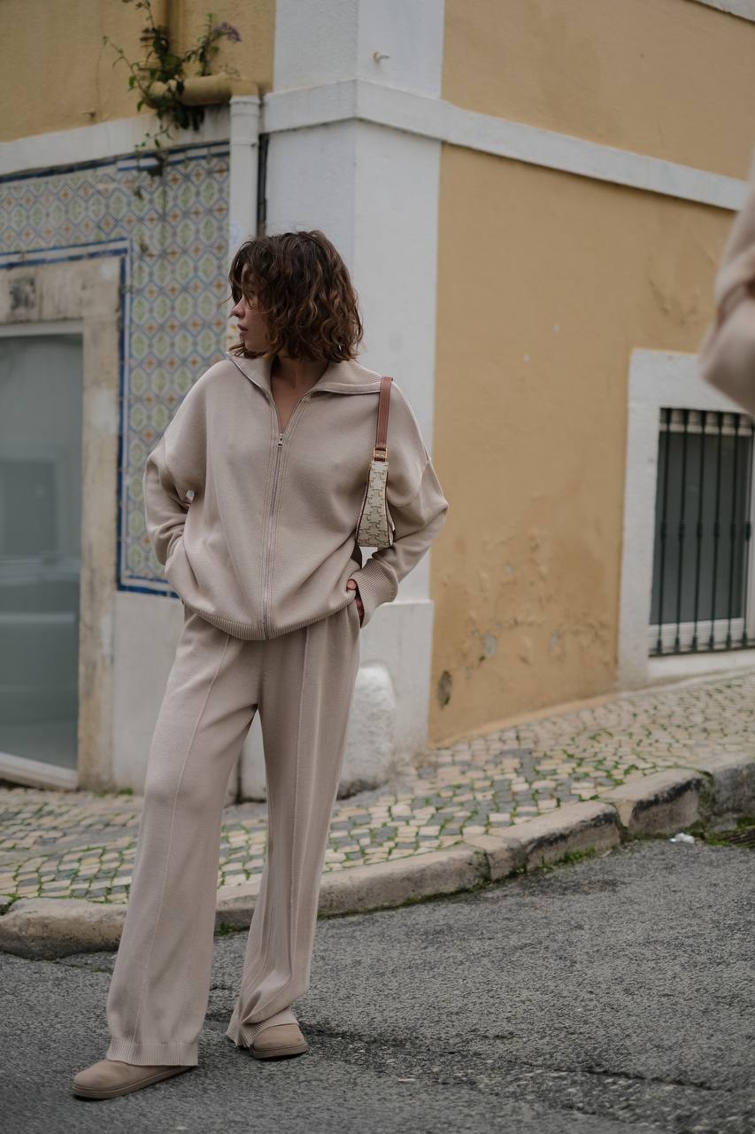 Комплект з бавовни кардиган на блискавці і брюки, світло-бежевий    5429277