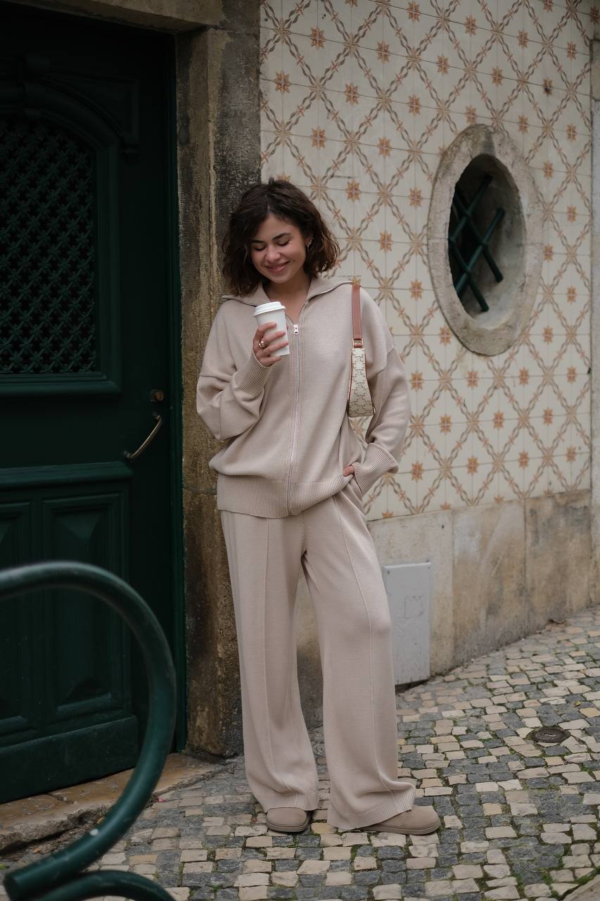 Комплект з бавовни кардиган на блискавці і брюки, світло-бежевий    82733661