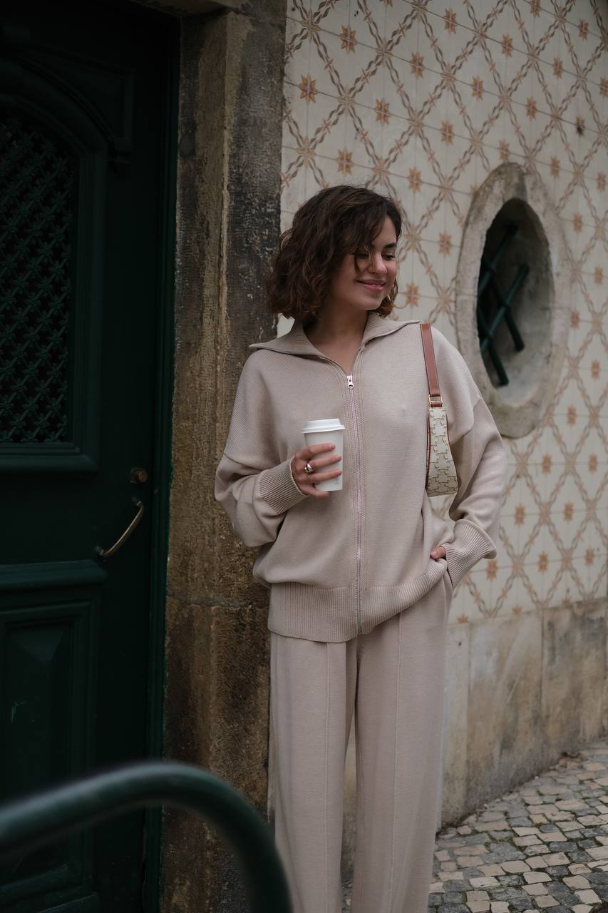 Комплект з бавовни кардиган на блискавці і брюки, світло-бежевий    36325552