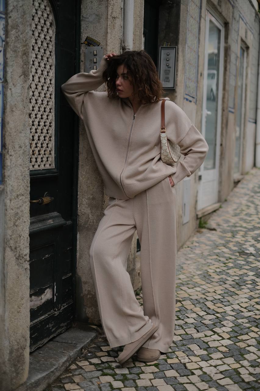 Комплект з бавовни кардиган на блискавці і брюки, світло-бежевий    40817436