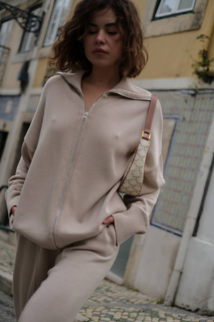 Комплект з бавовни кардиган на блискавці і брюки, світло-бежевий    1138821