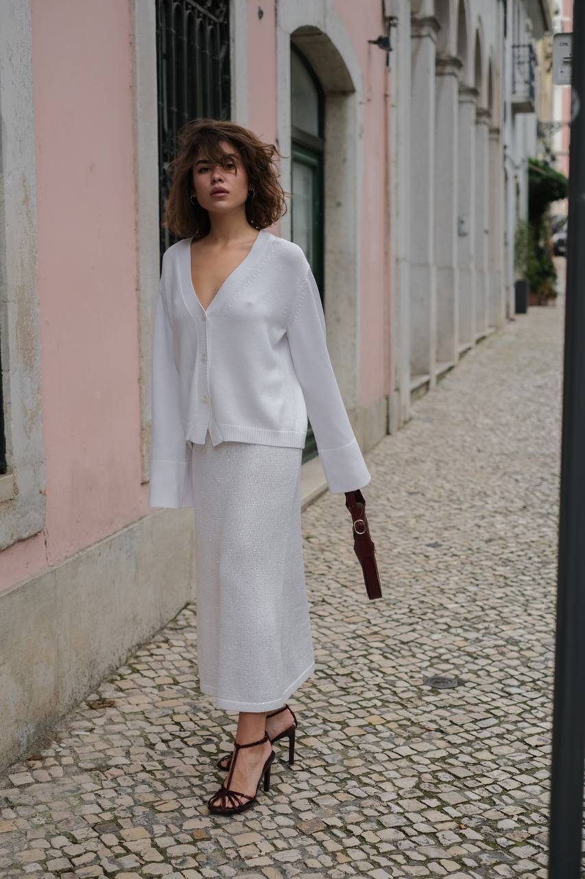 Кардиган з бавовни з розклешеними рукавами білий    57522467