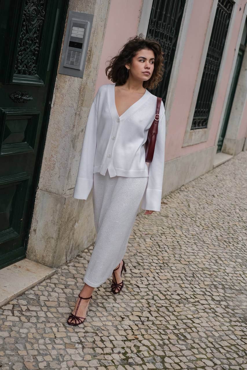 Кардиган з бавовни з розклешеними рукавами білий    95472684