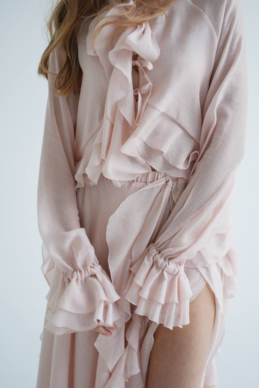 Блуза з шифону з рюшами і воланами, перламутрова