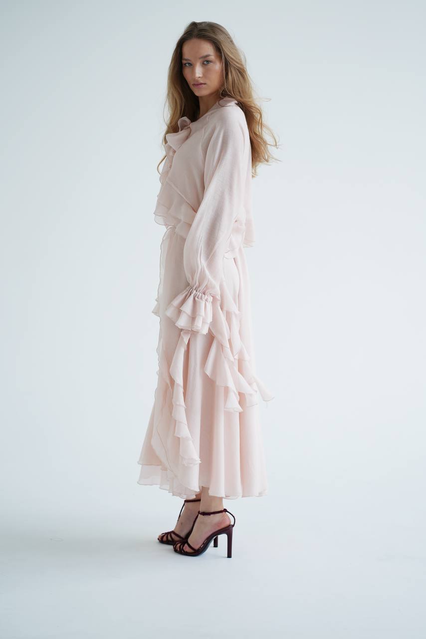 Блуза з шифону з рюшами і воланами, перламутрова