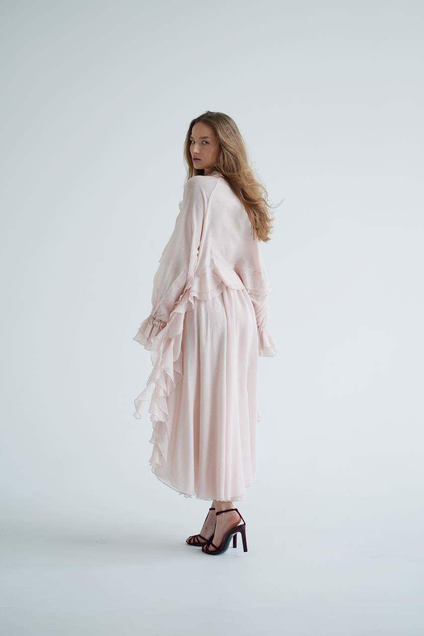 Блуза з шифону з рюшами і воланами, перламутрова