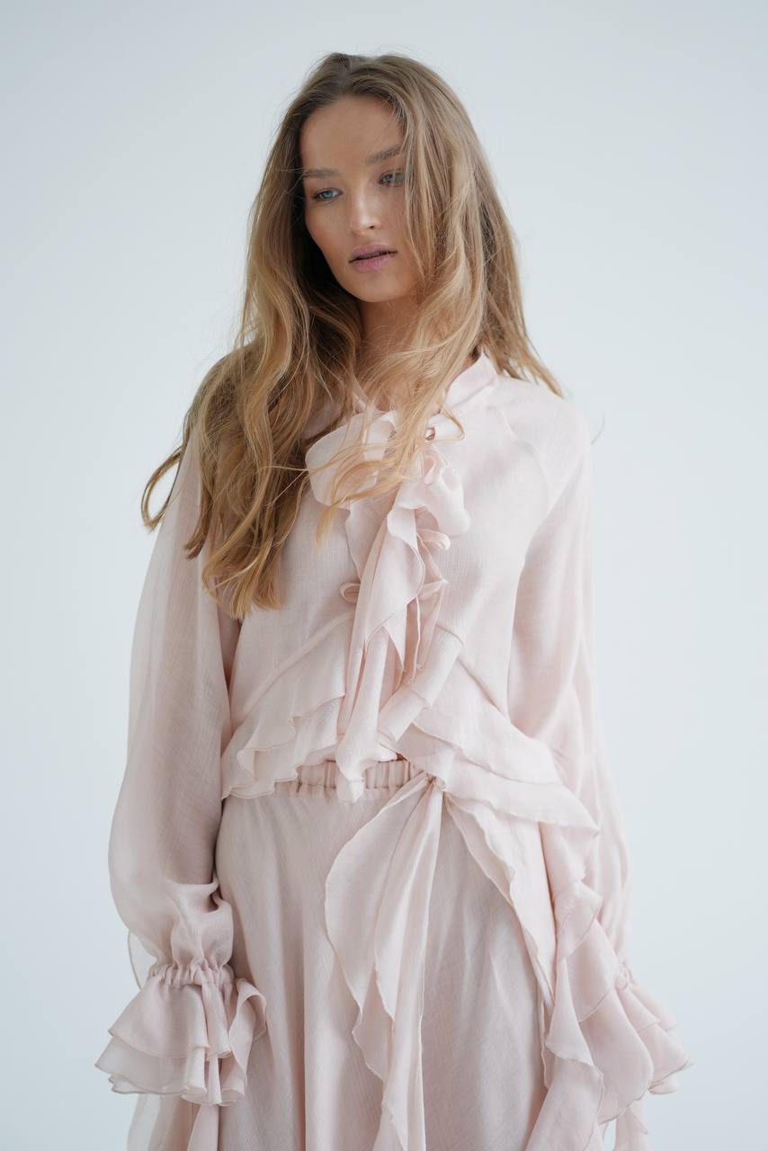 Блуза з шифону з рюшами і воланами, перламутрова