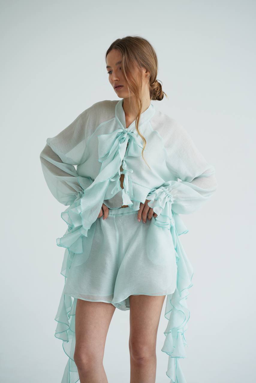 Блуза з шифону з рюшами і воланами, м'ятна