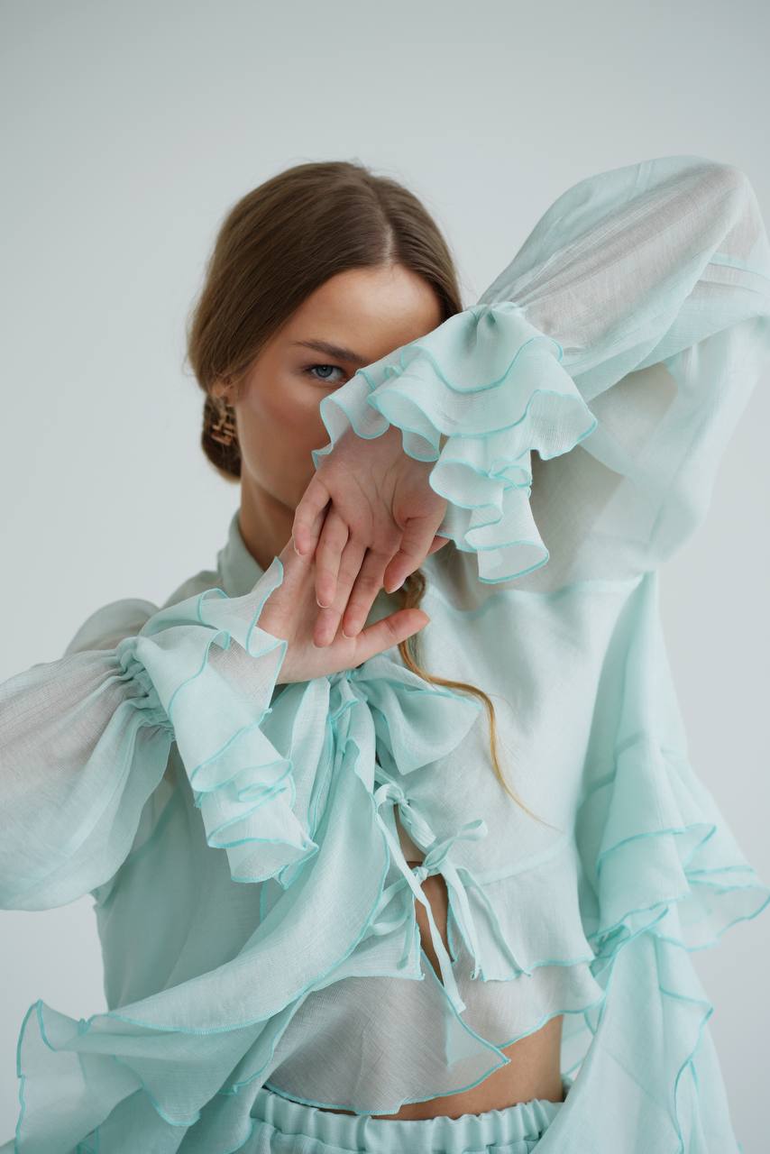 Блуза з шифону з рюшами і воланами, м'ятна