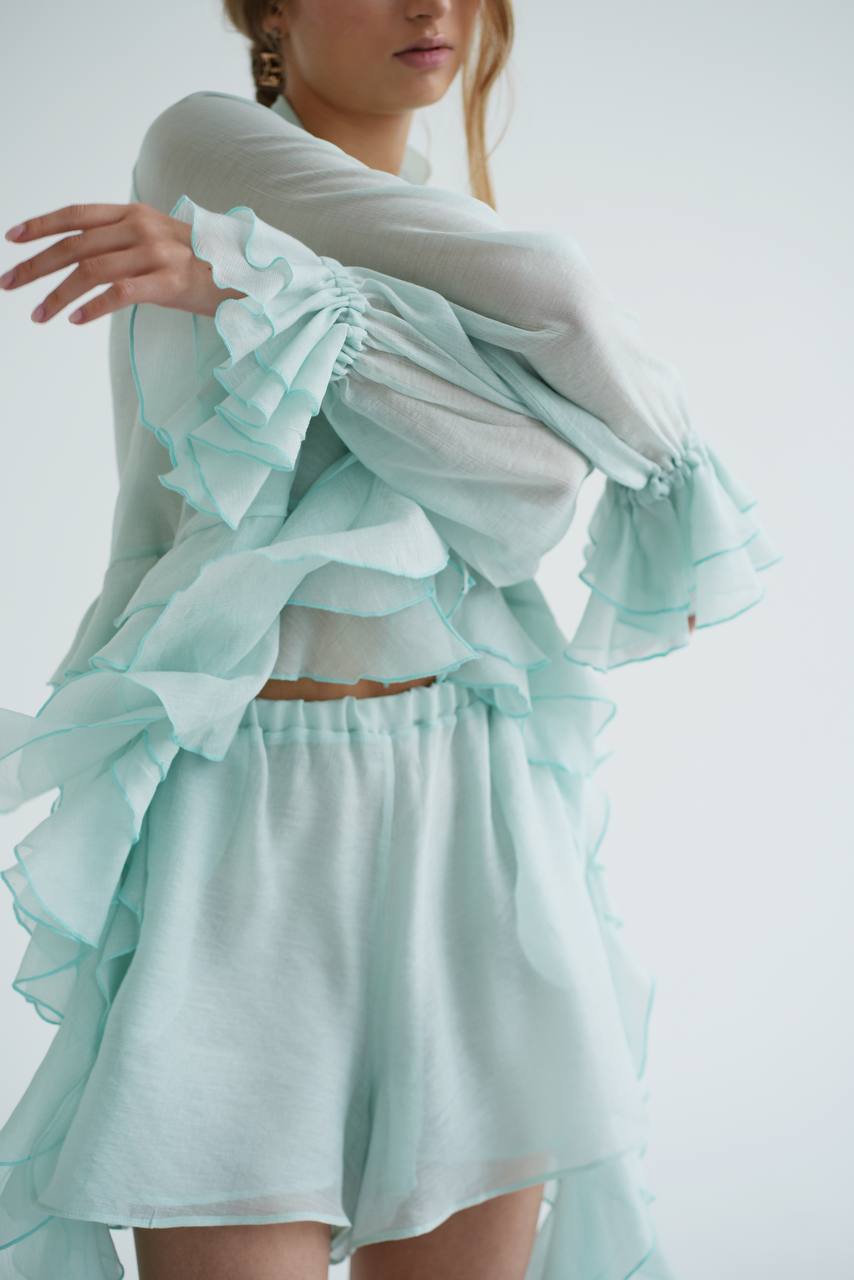 Блуза з шифону з рюшами і воланами, м'ятна