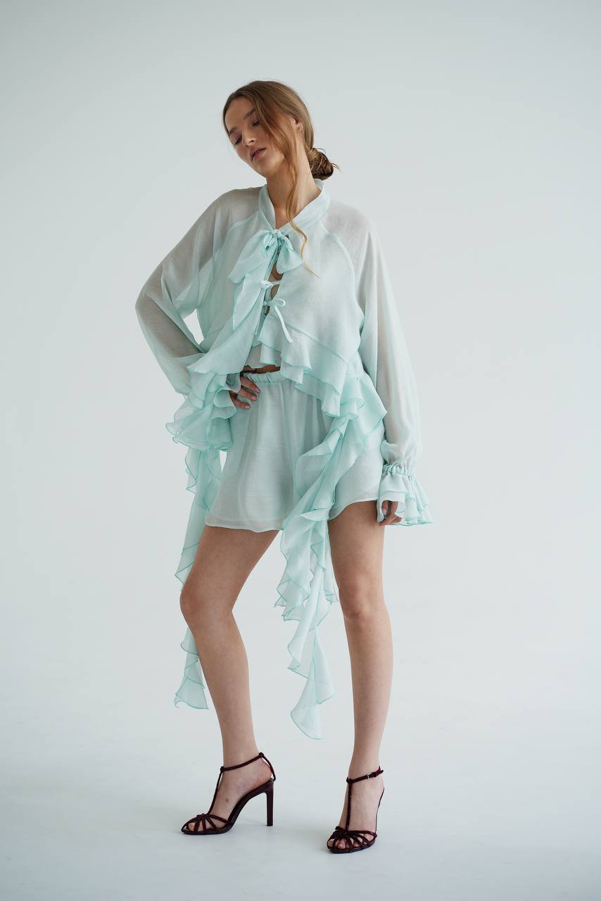 Блуза з шифону з рюшами і воланами, м'ятна