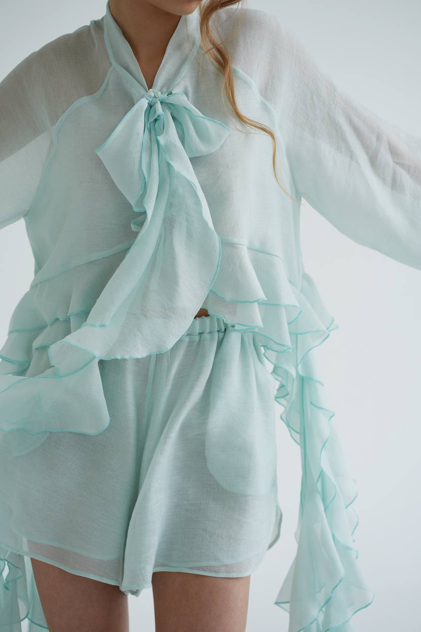 Блуза з шифону з рюшами і воланами, м'ятна