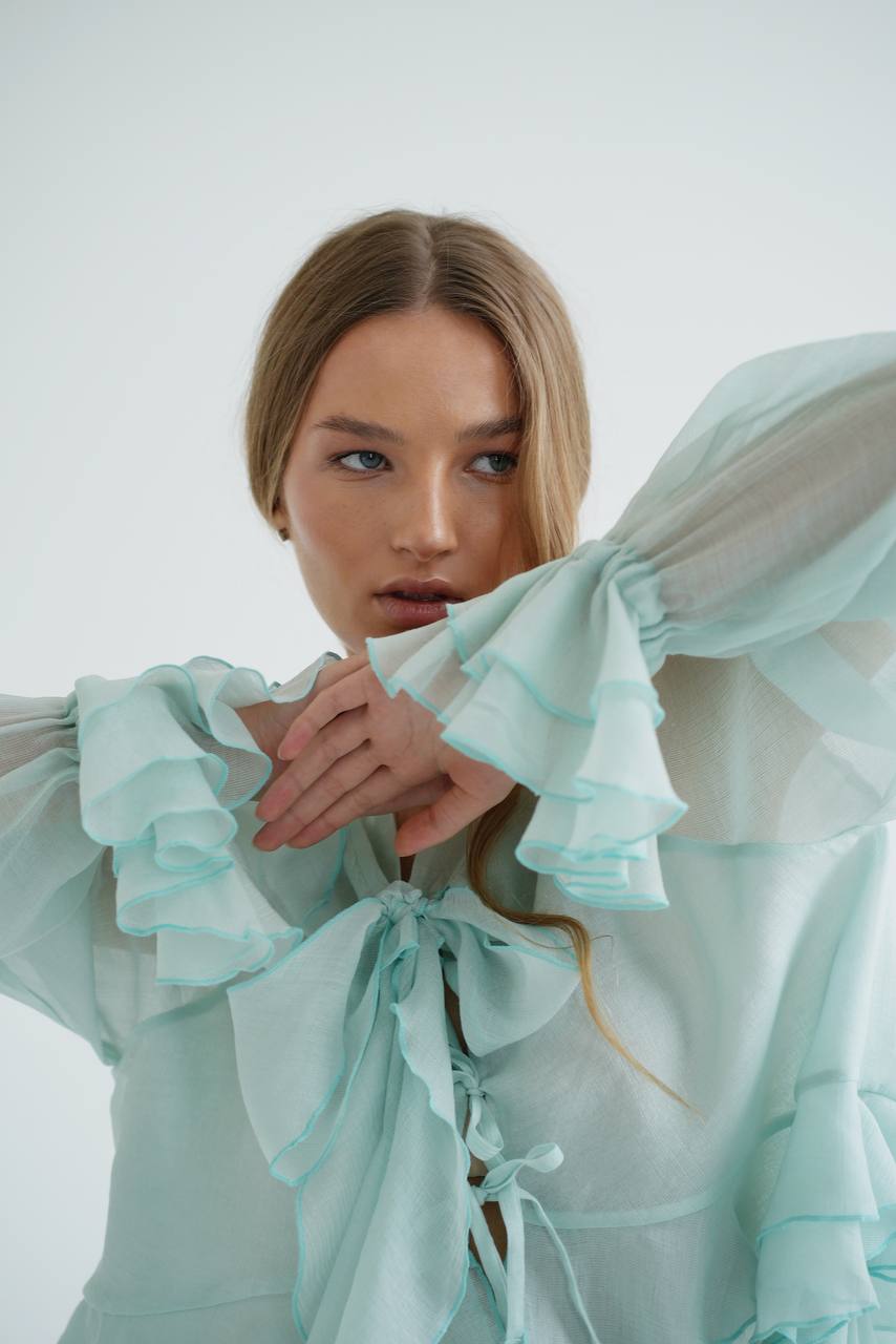 Блуза з шифону з рюшами і воланами, м'ятна