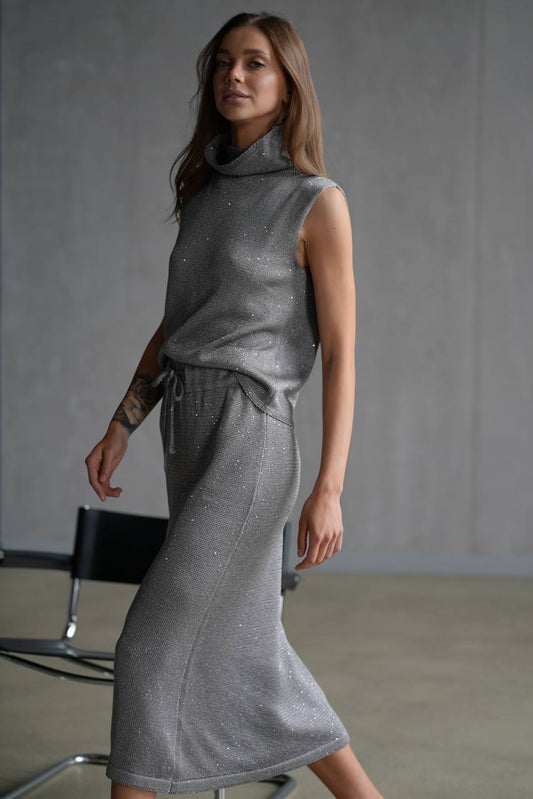 Вʼязана спідниця міді в дрібну паєтку, сіра