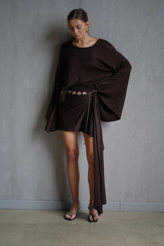 Комплект спідниця і джемпер з розклешеними рукавами, шоколадний