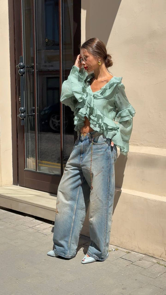 Блуза з шифону з рюшами і воланами, зелена