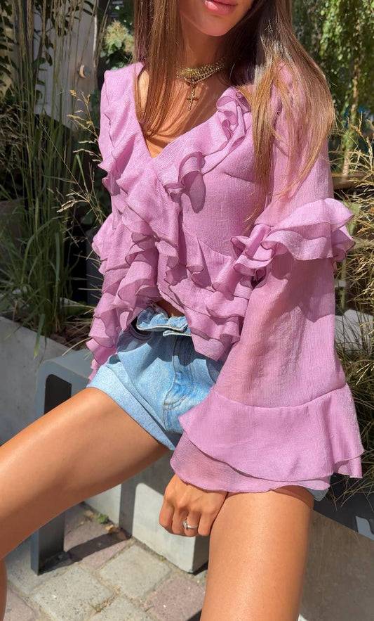 Блуза з шифону з рюшами і воланами, фіолетова