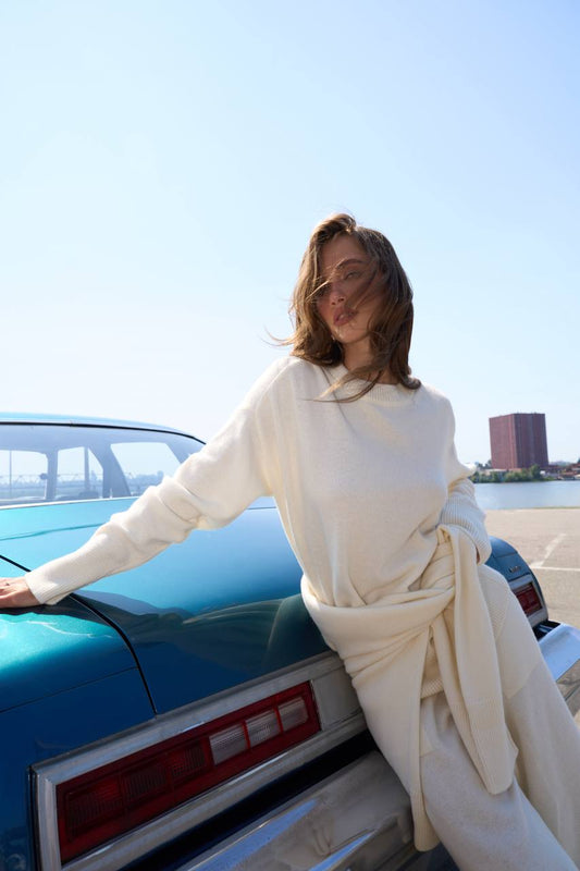 Комплект з вовни ягня светр і брюки, молочний