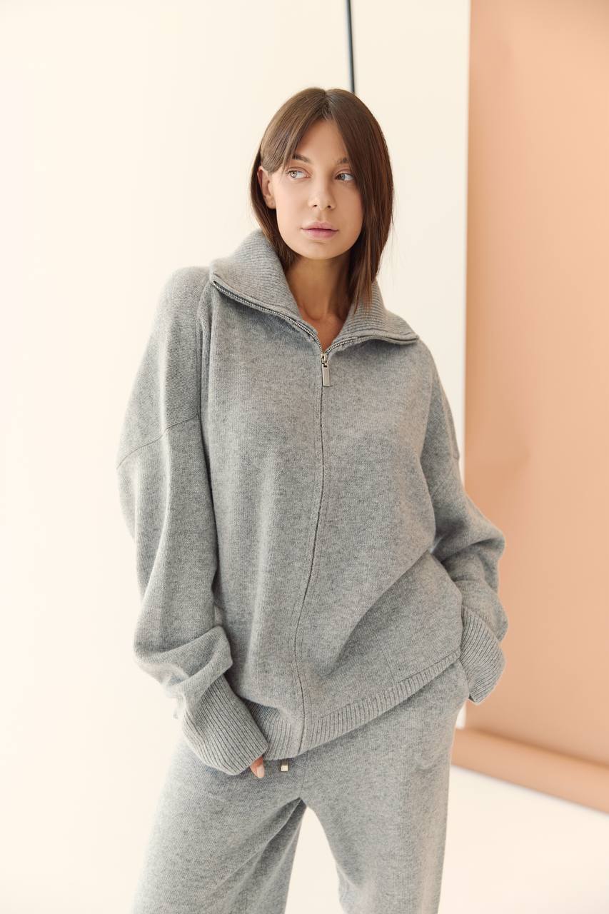 Cotton zip-up cardigan and trousers set, mocha