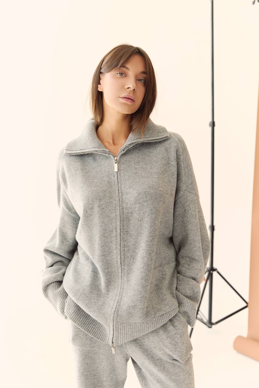 Cotton zip-up cardigan and trousers set, mocha