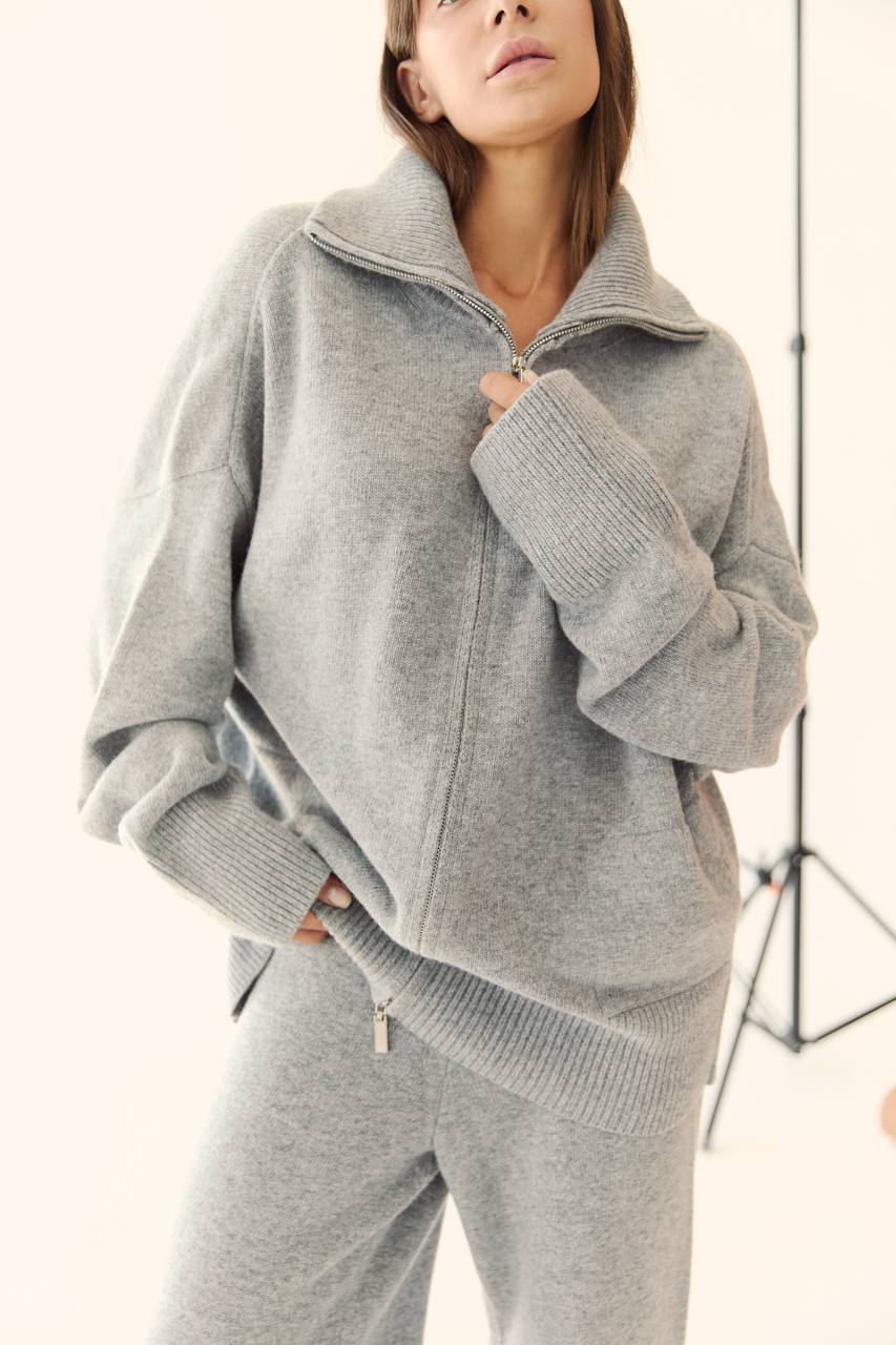 Cotton zip-up cardigan and trousers set, mocha