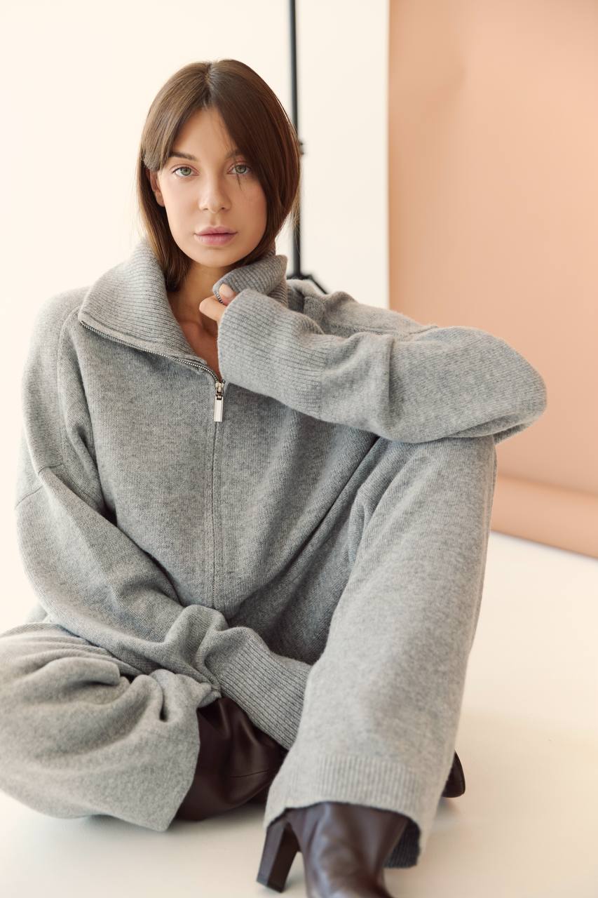 Cotton zip-up cardigan and trousers set, mocha