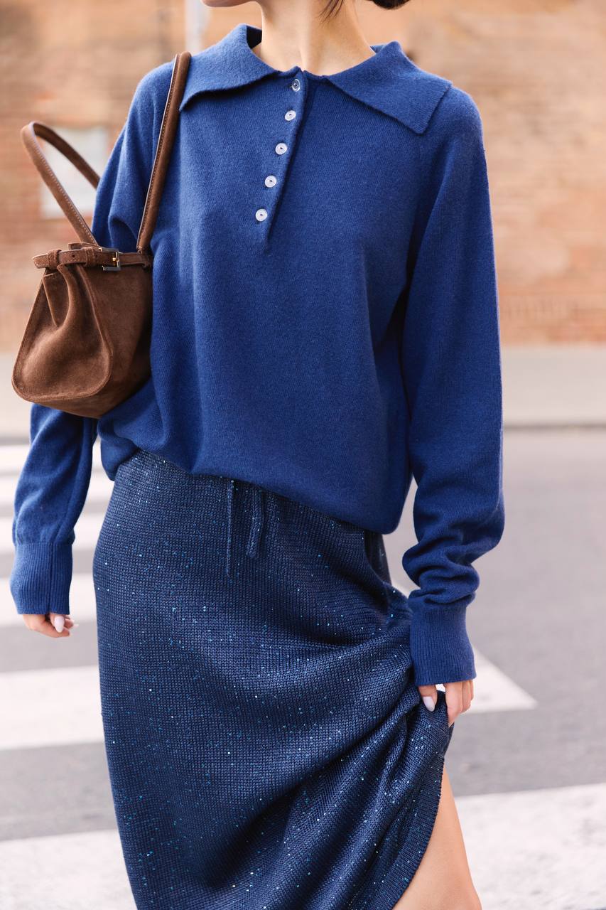 Вʼязана спідниця міді в дрібну паєтку, синя