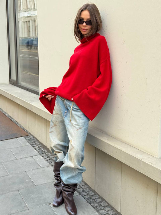 Светр з вовни ягня з широкими рукавами, червоний